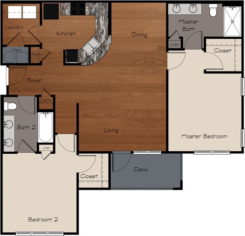 Floor plan for 2 beds, 2 baths, 1203 sqft